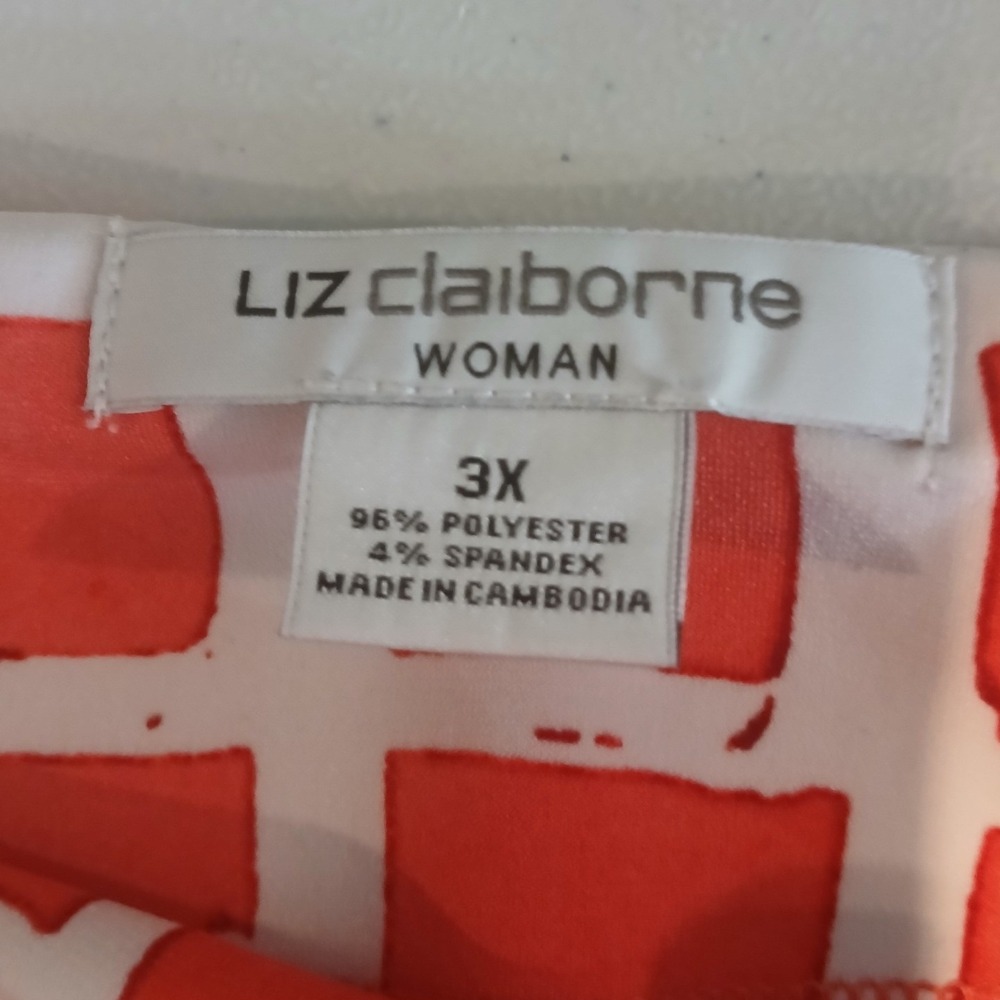 Liz Claiborne 3x Woman Dress Coral White Geometric Print 3/4 Sleeve Midi Stretch - Picture 8 of 12